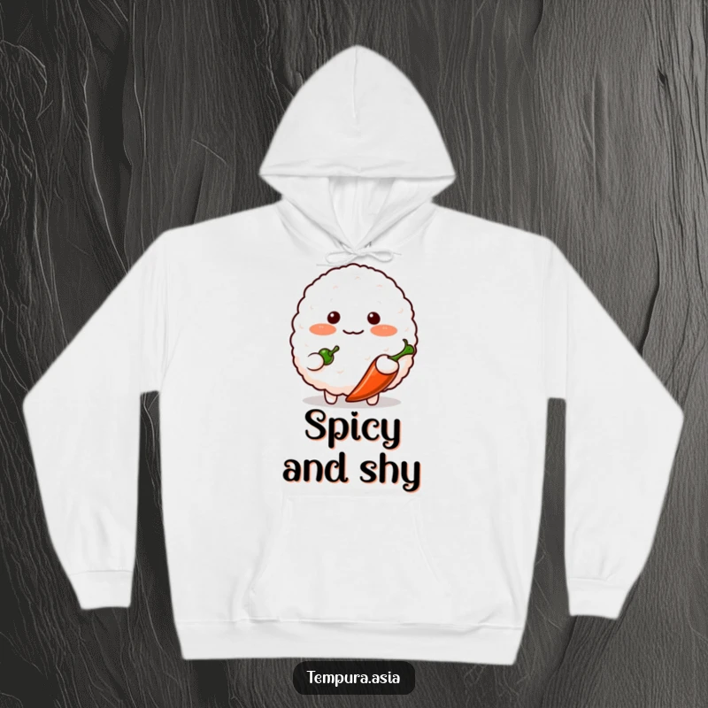 Funny blushing rice ball character shyly offering a tiny chili pepper on a warm hoodie, perfect for cute and humorous comfort.