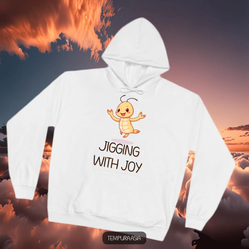 Funny smiling tempura shrimp character doing a cheerful jig on a warm hoodie, ideal for humorous and cozy wear.