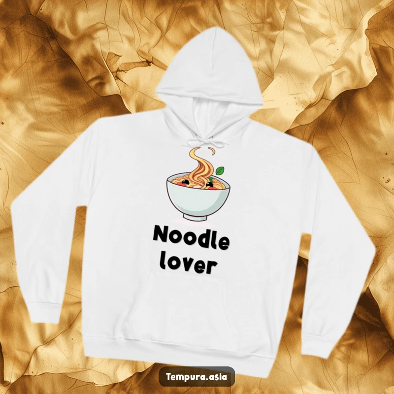 Funny ramen bowl hoodie with a smiling face doing a cheerful twirl, perfect for cozy and amusing relaxation.