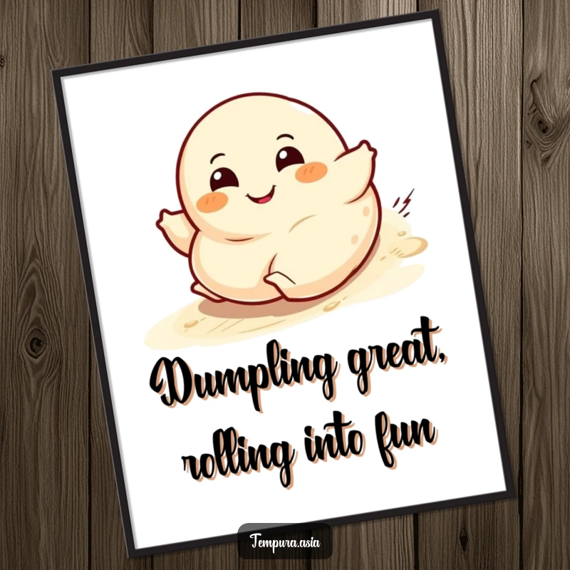 Funny Free Printable Wall Art: A smiling dumpling character captured rolling downhill with a wide, happy grin.