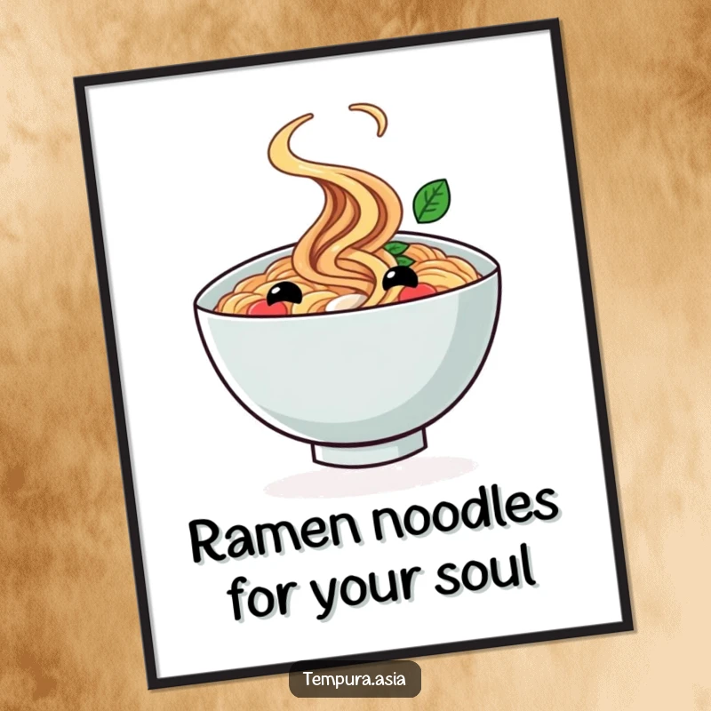 Funny Free Printable Wall Art: A smiling ramen bowl captured mid-twirl with a cheerful expression.