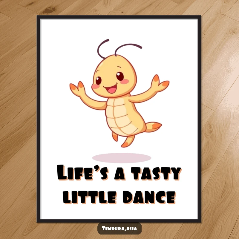 Funny Free Printable Wall Art of a smiling tempura shrimp doing a cheerful jig, bringing lively energy and humor to any wall.