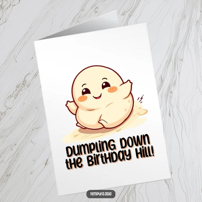 Funny Free Printable Birthday Card: A happy dumpling character joyfully rolling downhill with a huge grin.