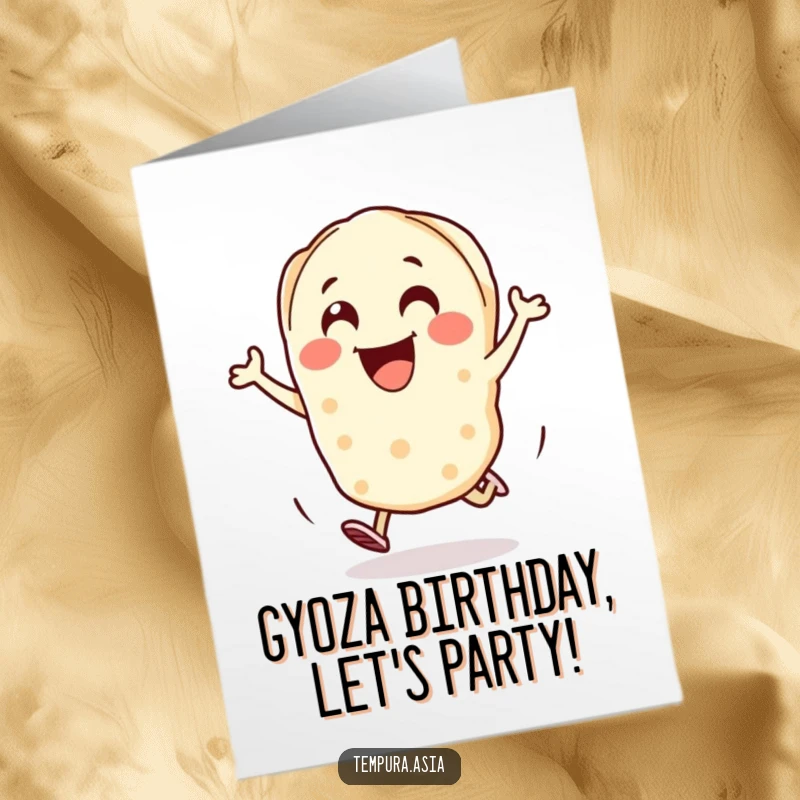 Funny Free Printable Birthday Card: A cheerful gyoza character joyfully hopping with pure excitement.