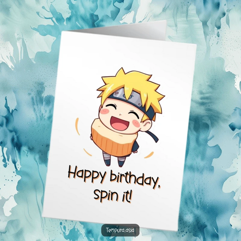 Funny Free Printable Birthday Card featuring a joyful narutomaki slice with a big grin, spinning merrily.