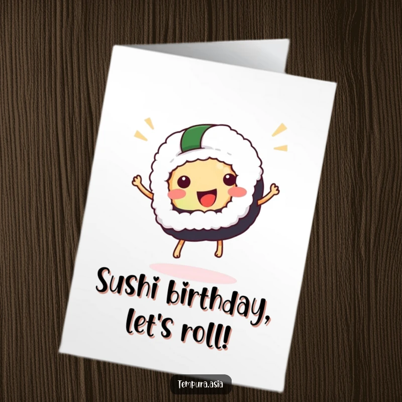 Funny Free Printable Birthday Card featuring a happy sushi piece hopping joyfully, ready for a celebration.