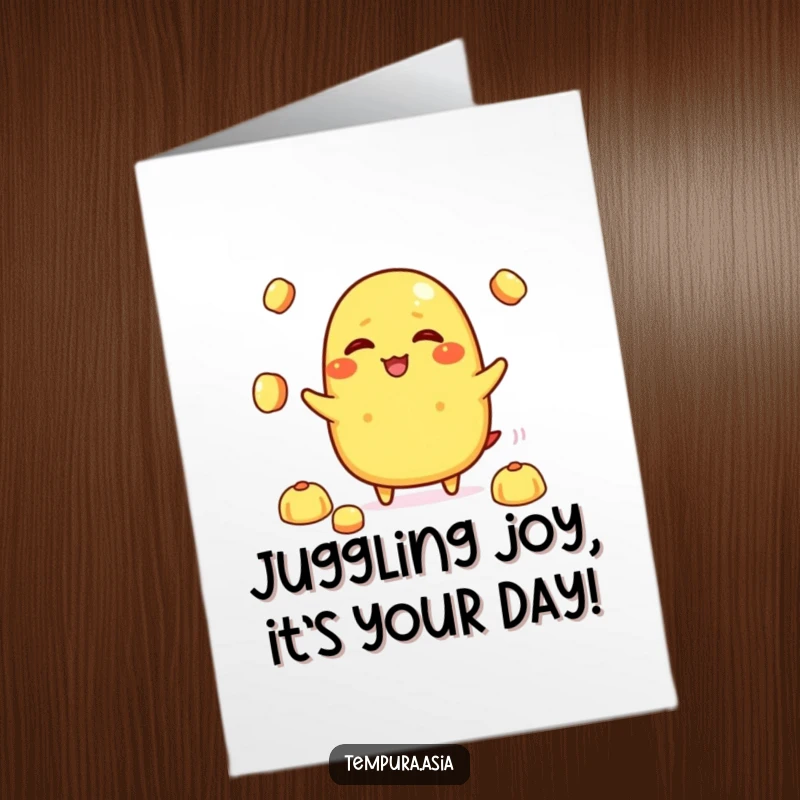 Funny Free Printable Birthday Card shows a giggling tamagoyaki character expertly juggling tiny rice balls with a huge smile.