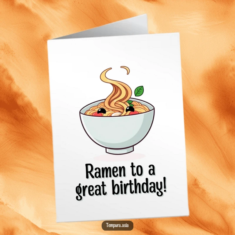 Funny Free Printable Birthday Card: A smiling bowl of ramen cheerfully performing a delightful twirl.