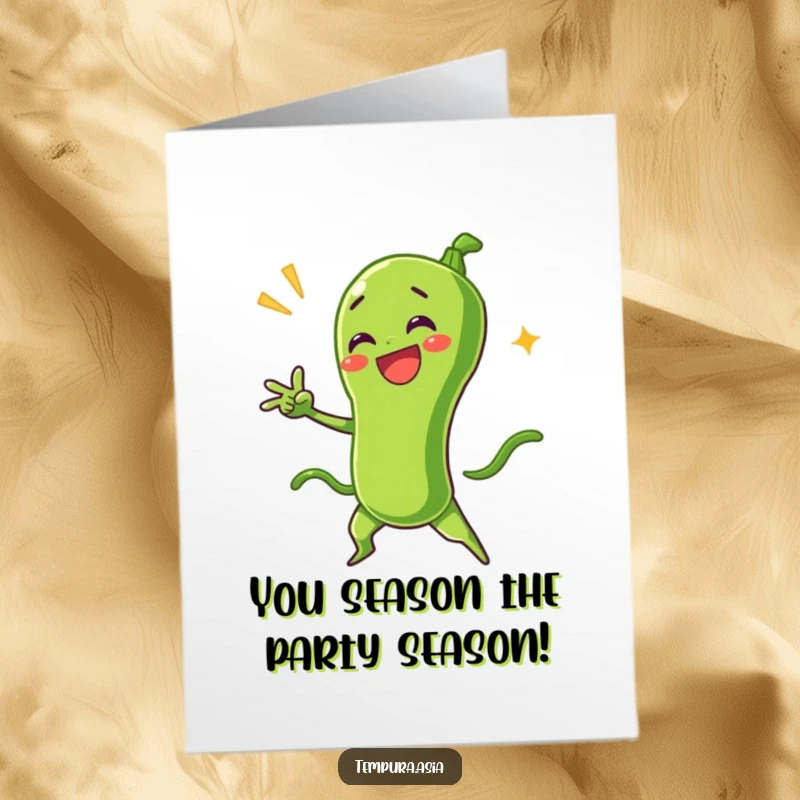 Funny Free Printable Birthday Card featuring a delighted green bean tempura character striking a dramatic pose with exaggerated flair.