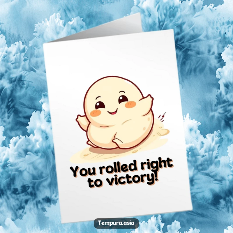 Funny Free Printable Congratulations Card: A happy dumpling character depicted mid-roll downhill, grinning widely.