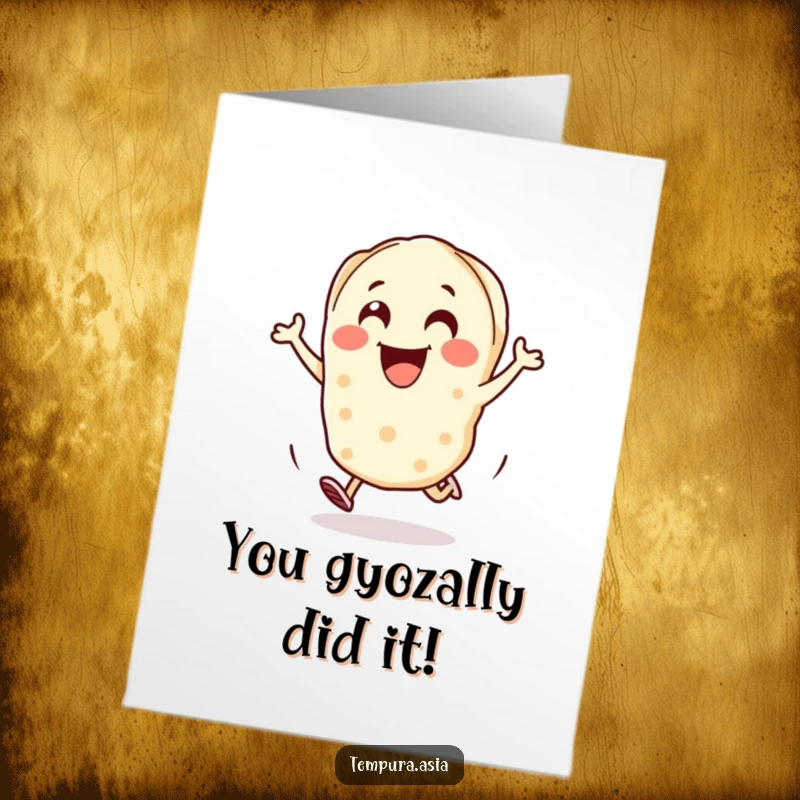 Funny Free Printable Congratulations Card: A cheerful gyoza character depicted mid-hop, beaming with excitement.