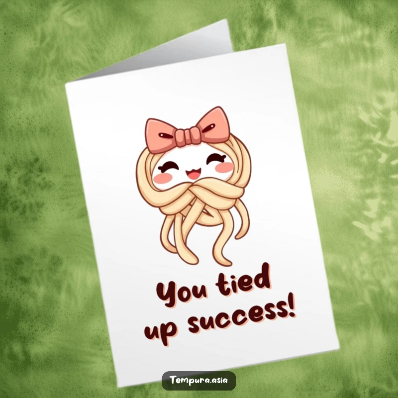 Funny Free Printable Congratulations Card showing a cheerful udon noodle tying itself into a playful bow, celebrating success.