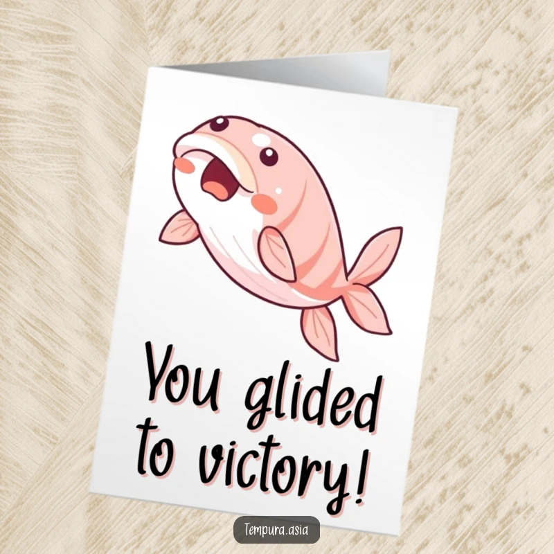 Funny Free Printable Congratulations Card showing a beaming unagi gracefully gliding through the air, conveying success.
