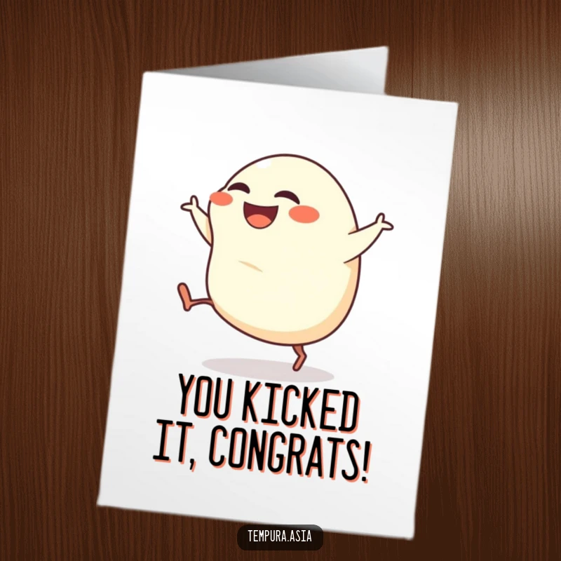 Funny Free Printable Congratulations Card featuring a grinning gyoza with tiny legs kicking, celebrating a win.