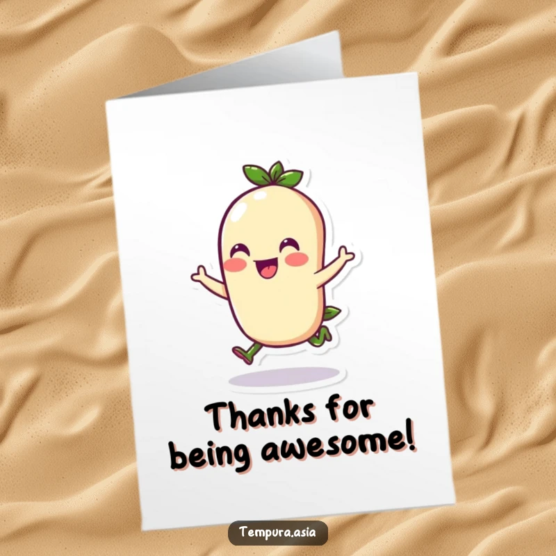 Funny Free Printable Thank You Card shows a whimsical edamame character doing a cheerful hop, expressing thanks with playful energy.