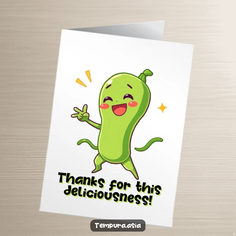 Funny Free Printable Thank You Card with a delighted green bean tempura character striking a dramatic, grateful pose.