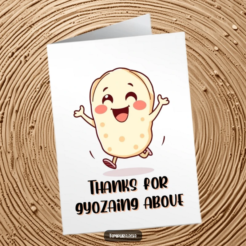 Funny Free Printable Thank You Card: A cheerful gyoza character hopping with pure excitement.