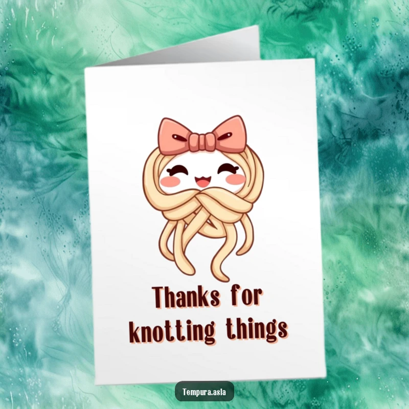 Funny Free Printable Thank You Card of a cheerful udon noodle tying itself into a playful bow, showing thanks.