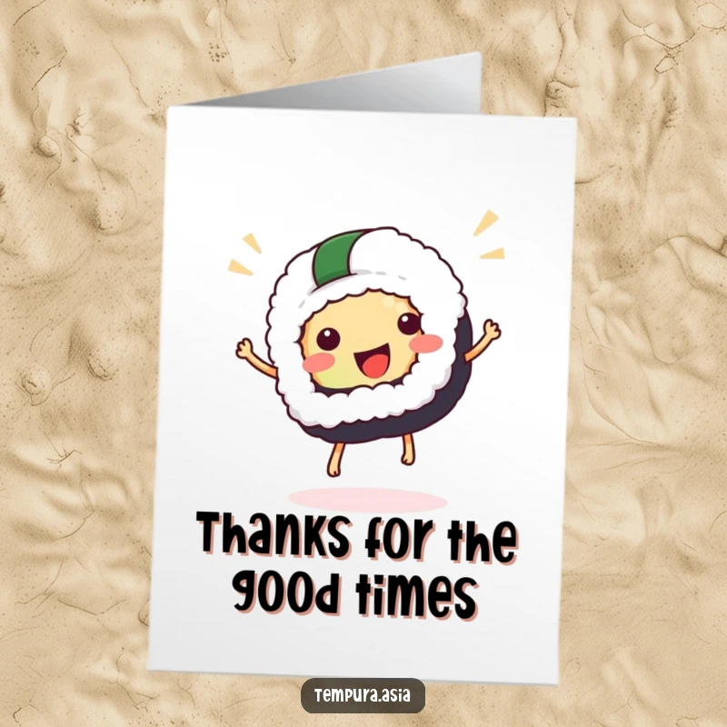 Funny Free Printable Thank You Card with a happy sushi piece hopping, expressing cheerful gratitude.