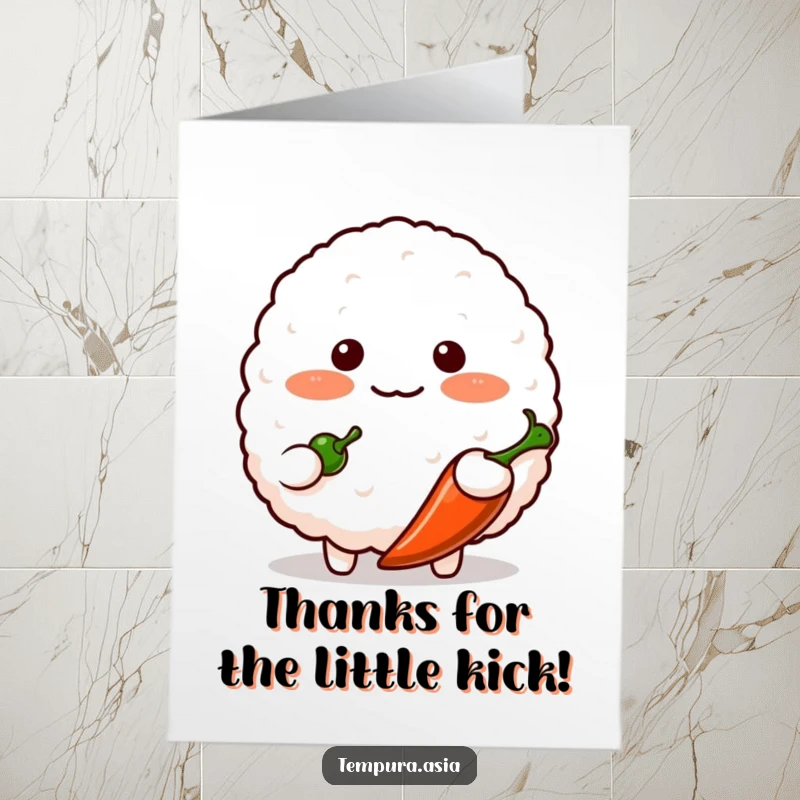 Funny Free Printable Thank You Card shows a blushing rice ball character shyly offering a small chili pepper as a token of thanks.