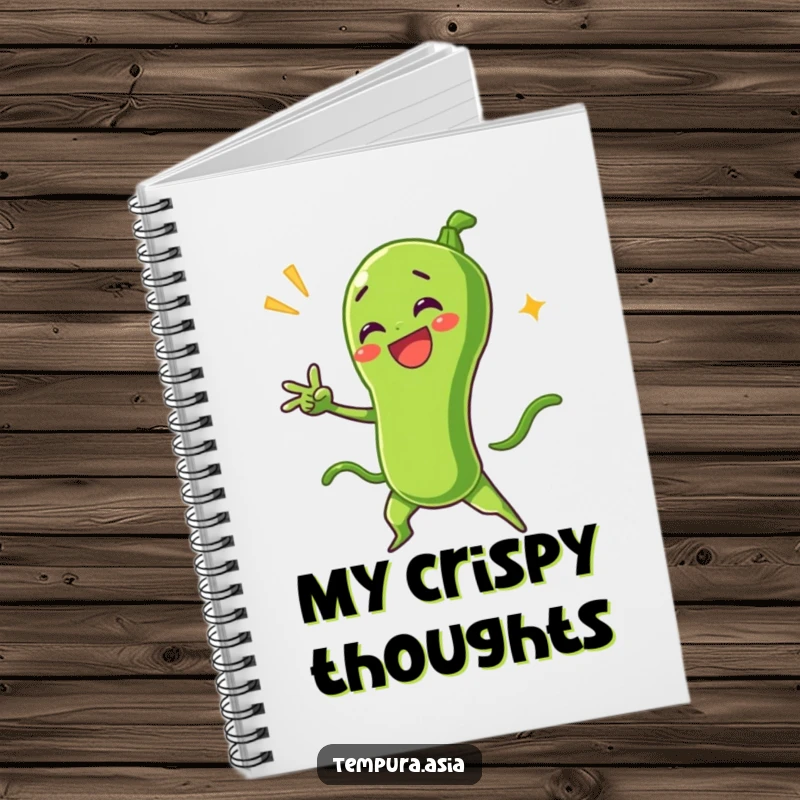 Funny green bean tempura character striking a dramatic pose on a notebook cover, inspiring creative and humorous writing.