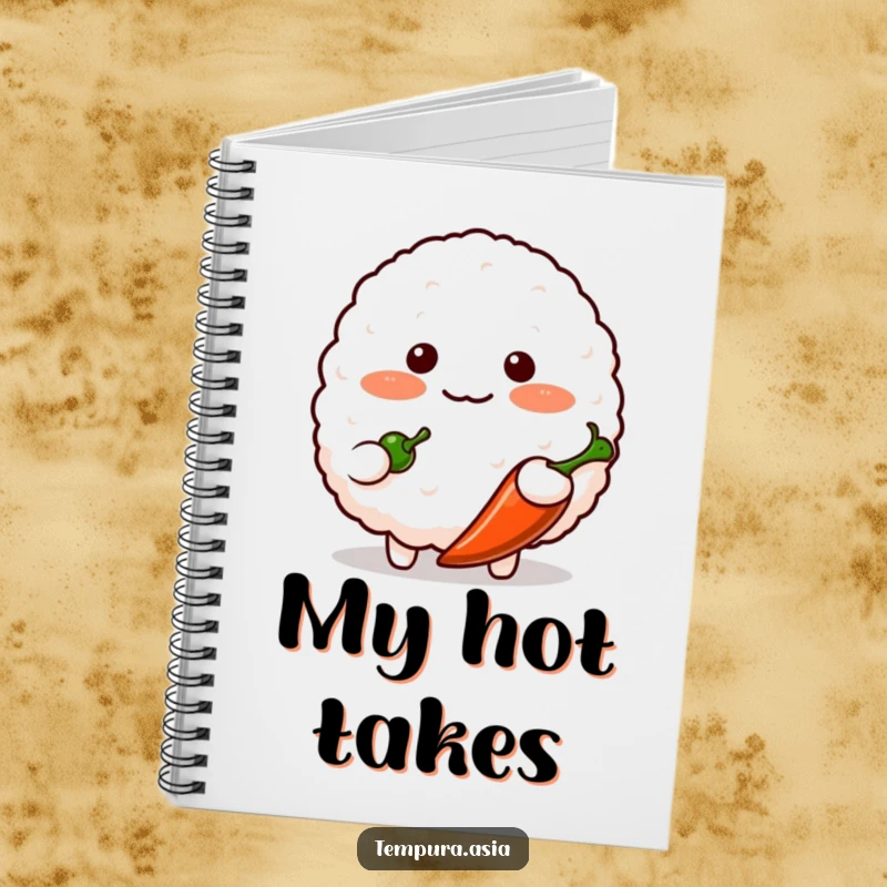 Funny blushing rice ball character shyly offering a small chili pepper on a notebook, inspiring cute and humorous writing.