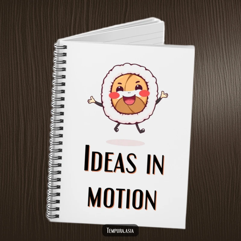 Funny sushi roll notebook with a smiling character and tiny legs dancing, ideal for journaling or note-taking.