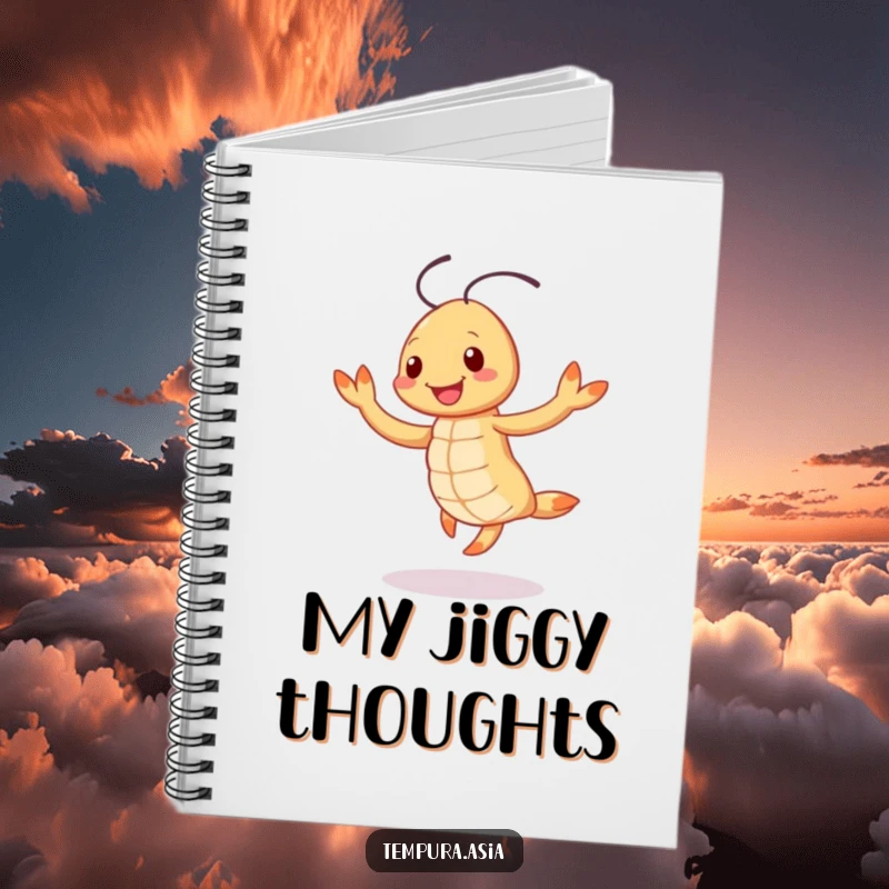 Funny smiling tempura shrimp character doing a cheerful jig on a notebook, inspiring happy and humorous writing.