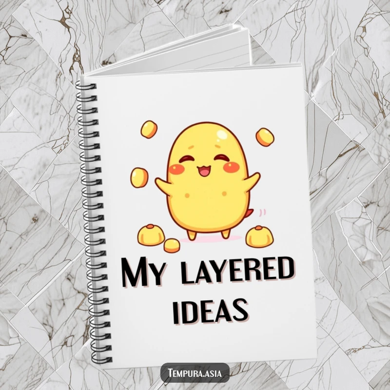 Funny tamagoyaki character giggling while juggling tiny rice balls on a notebook, inspiring creative and humorous writing.