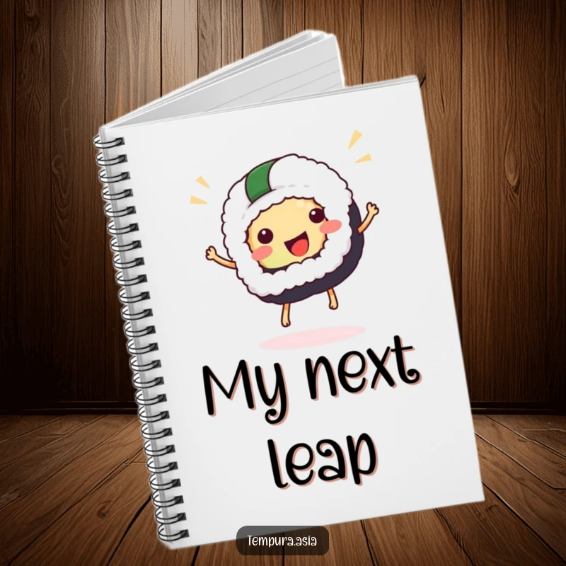 Funny sushi notebook showcasing a delighted sushi character in a celebratory hop, perfect for notes and creative journaling.