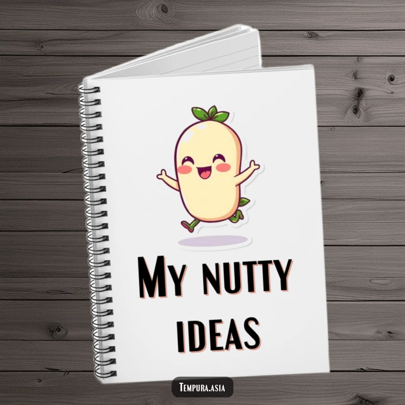 Funny edamame character doing a cheerful hop on a notebook, inspiring cheerful and humorous notes.