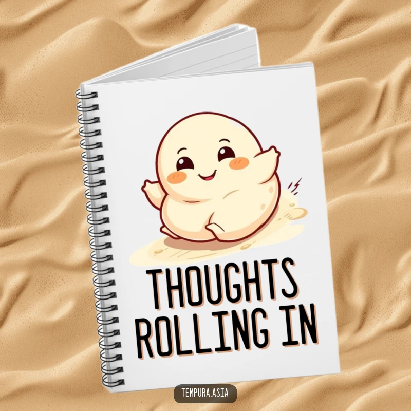 Funny dumpling character notebook with a wide grin rolling downhill, great for journaling or note-taking.