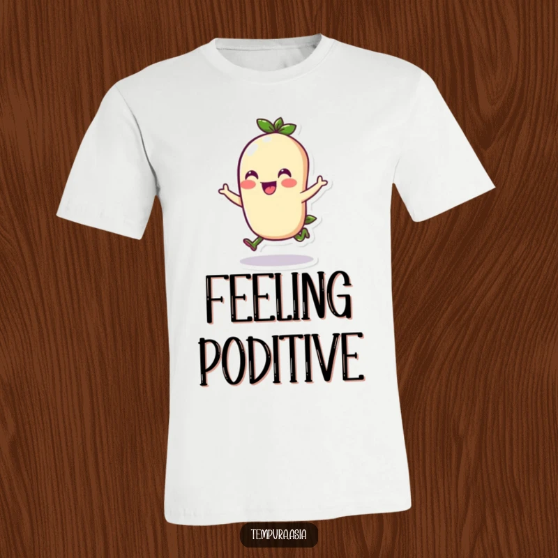 Funny edamame character doing a cheerful hop on a t-shirt, perfect for spreading happiness and humor.