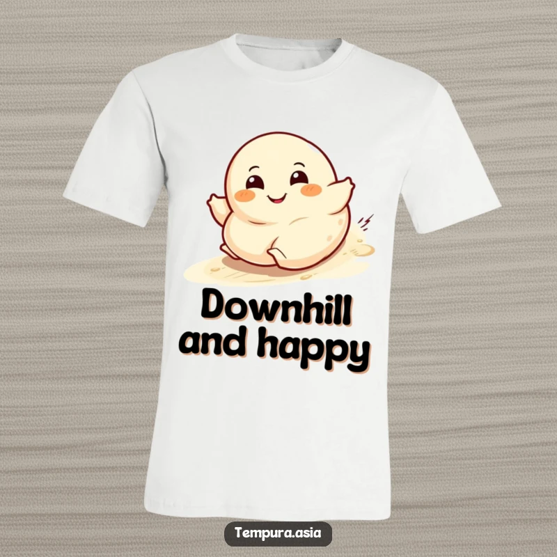Funny dumpling character t-shirt with a wide grin rolling downhill, perfect for casual and playful wear.