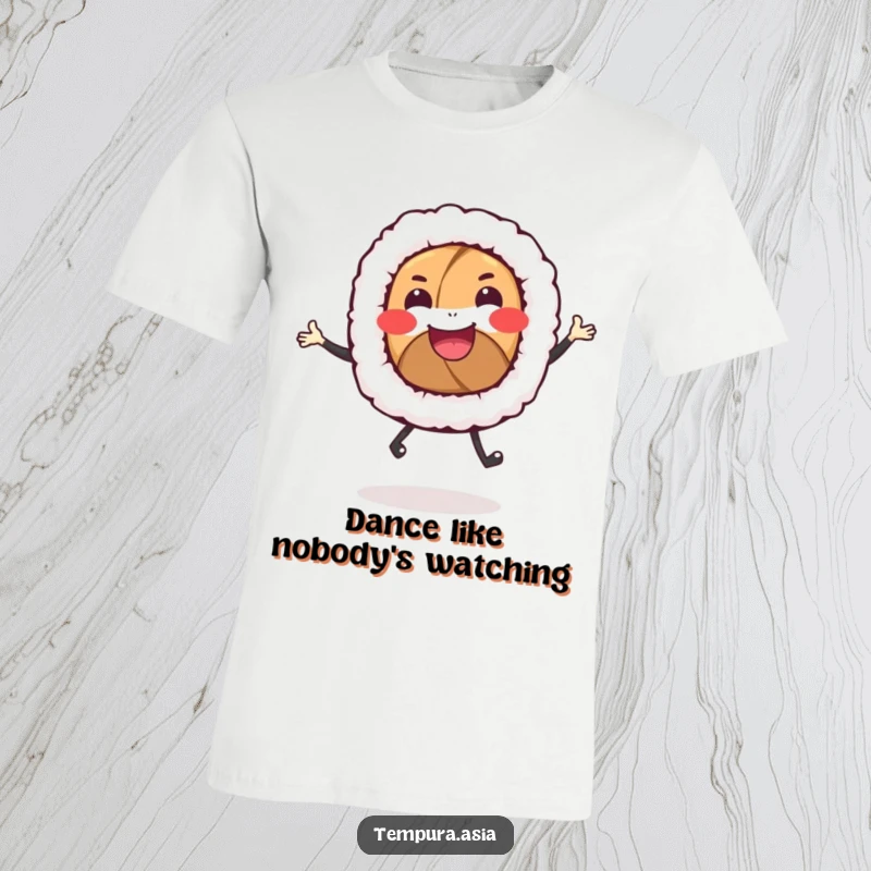 Funny sushi roll t-shirt with a smiling character and tiny legs doing a joyful dance, perfect for casual wear.