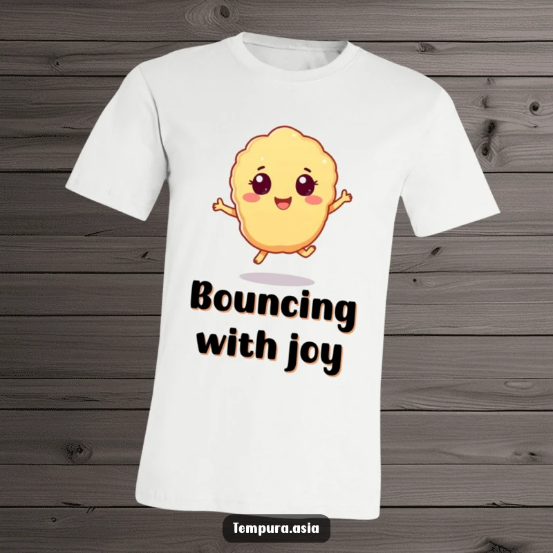 Funny tempura t-shirt with cheerful eyes doing a playful hop, perfect for casual and cheerful outfits.