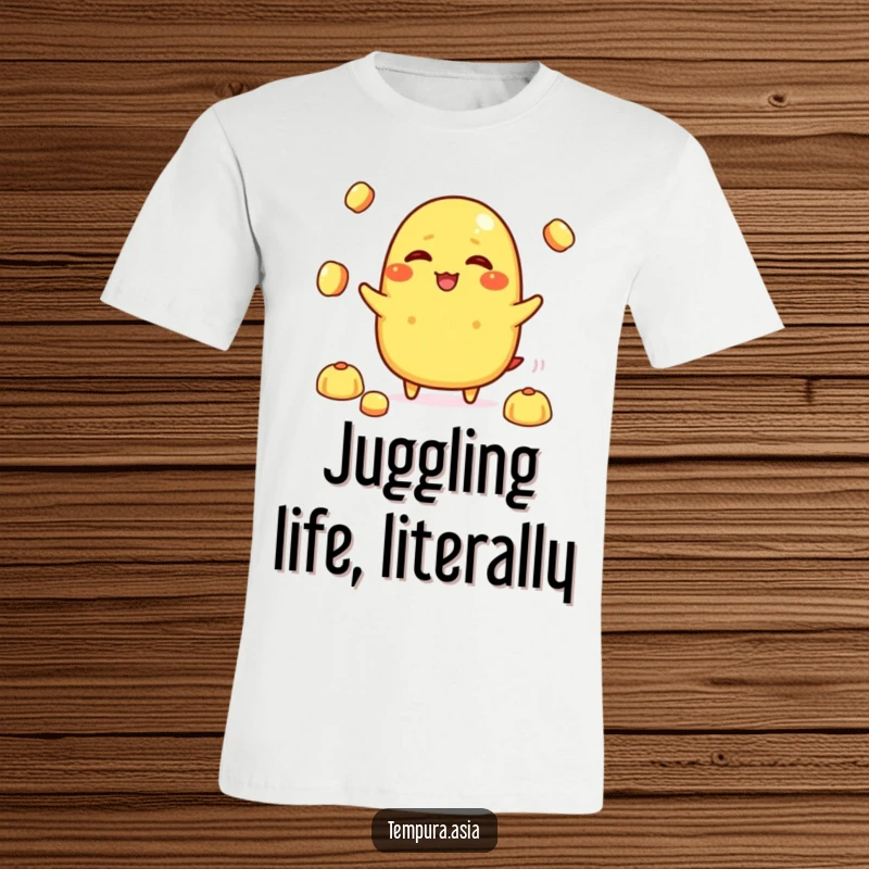 Funny tamagoyaki character giggling and juggling tiny rice balls on a t-shirt, perfect for foodies with a sense of humor.