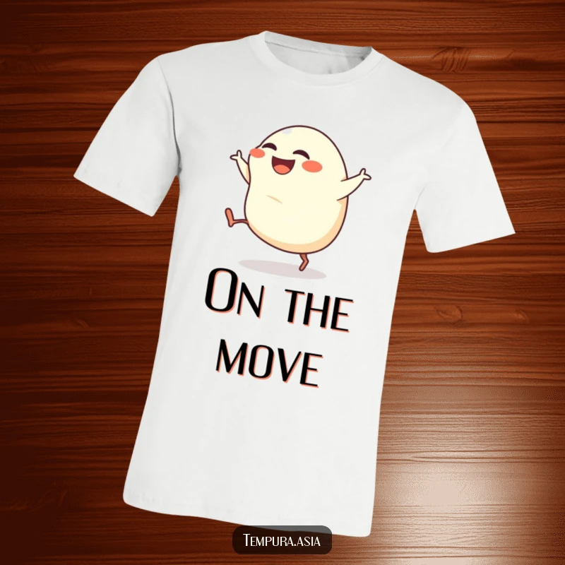 Funny gyoza t-shirt with a grinning dumpling sporting tiny legs and kicking energetically, great for casual wear.