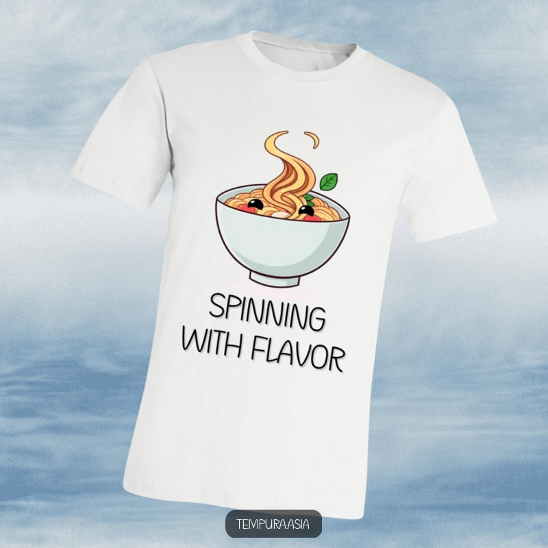 Funny ramen bowl t-shirt with a smiling face doing a cheerful twirl, perfect for casual and expressive wear.