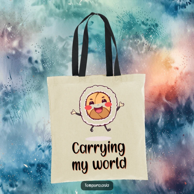 Funny sushi roll tote bag with a smiling character and tiny legs joyfully dancing, ideal for shopping trips.