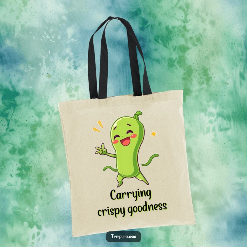 Funny green bean tempura character striking a dramatic pose on a durable tote bag, perfect for stylish and humorous errands.