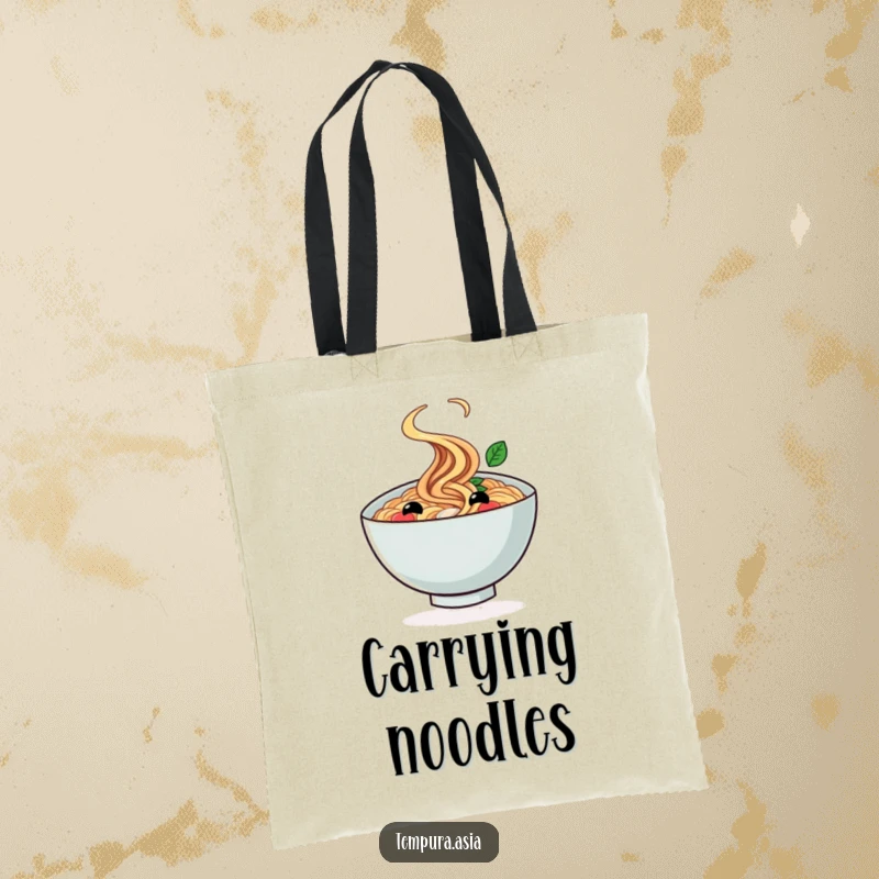 Funny ramen bowl tote bag with a smiling face doing a cheerful twirl, ideal for shopping and daily use.