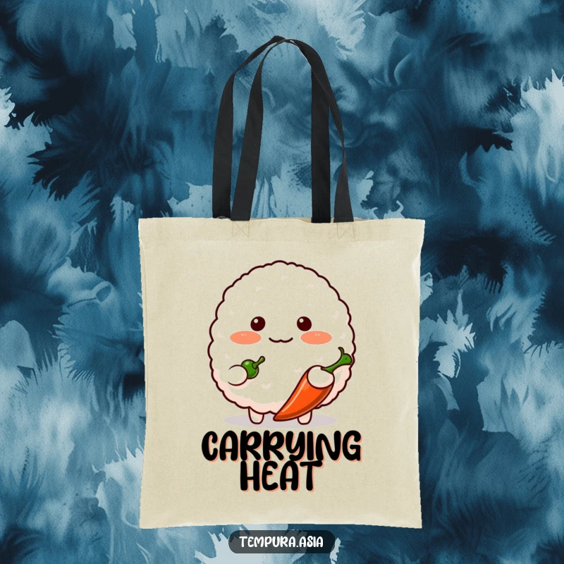 Funny blushing rice ball character shyly offering a small chili pepper on a tote bag, a cute and humorous accessory.